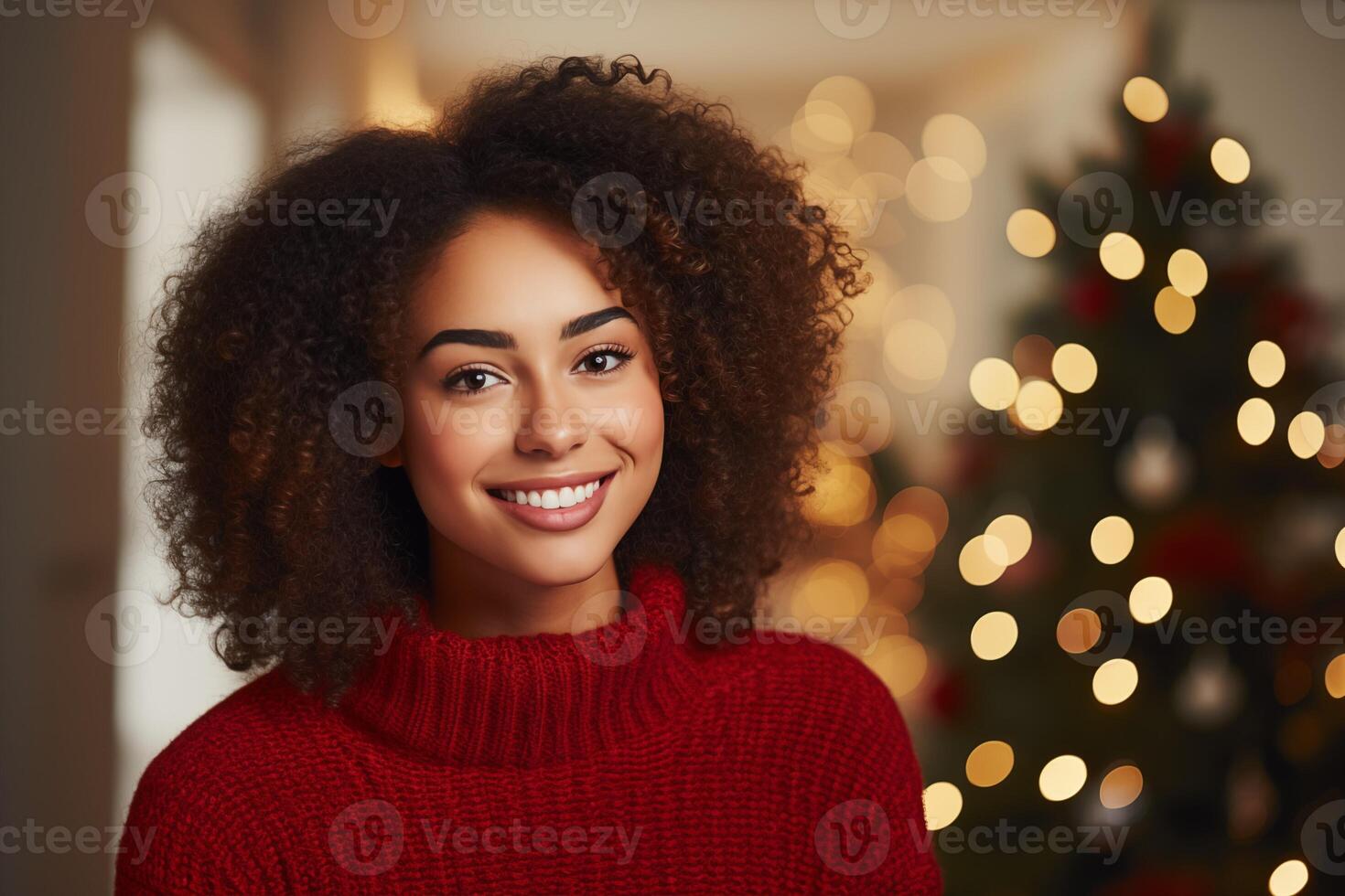 ai generato sorridente nero donna nel Natale Maglione su un' festivo sfondo foto