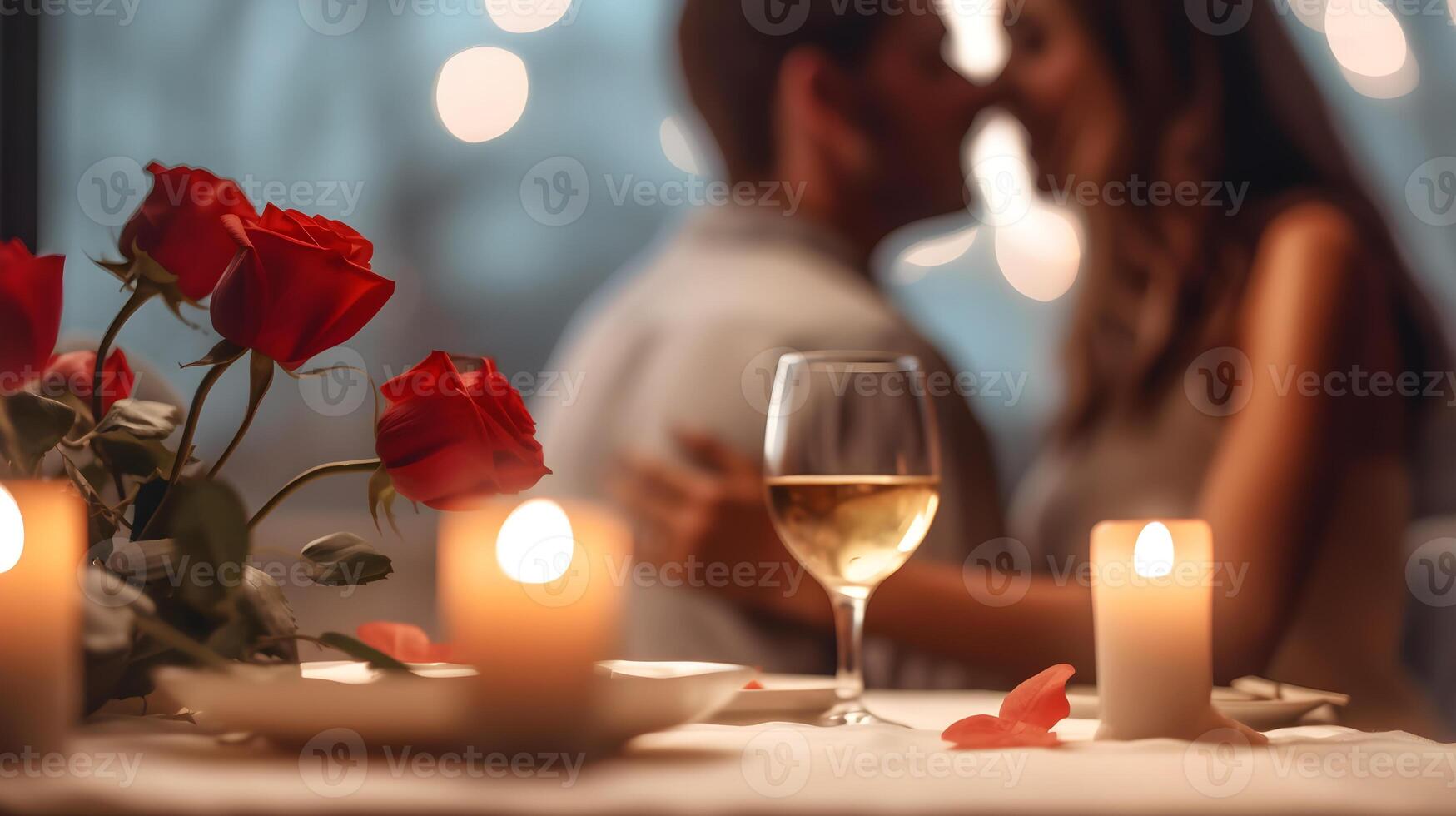 ai generato romantico coppia baci nel davanti di candele e Rose foto