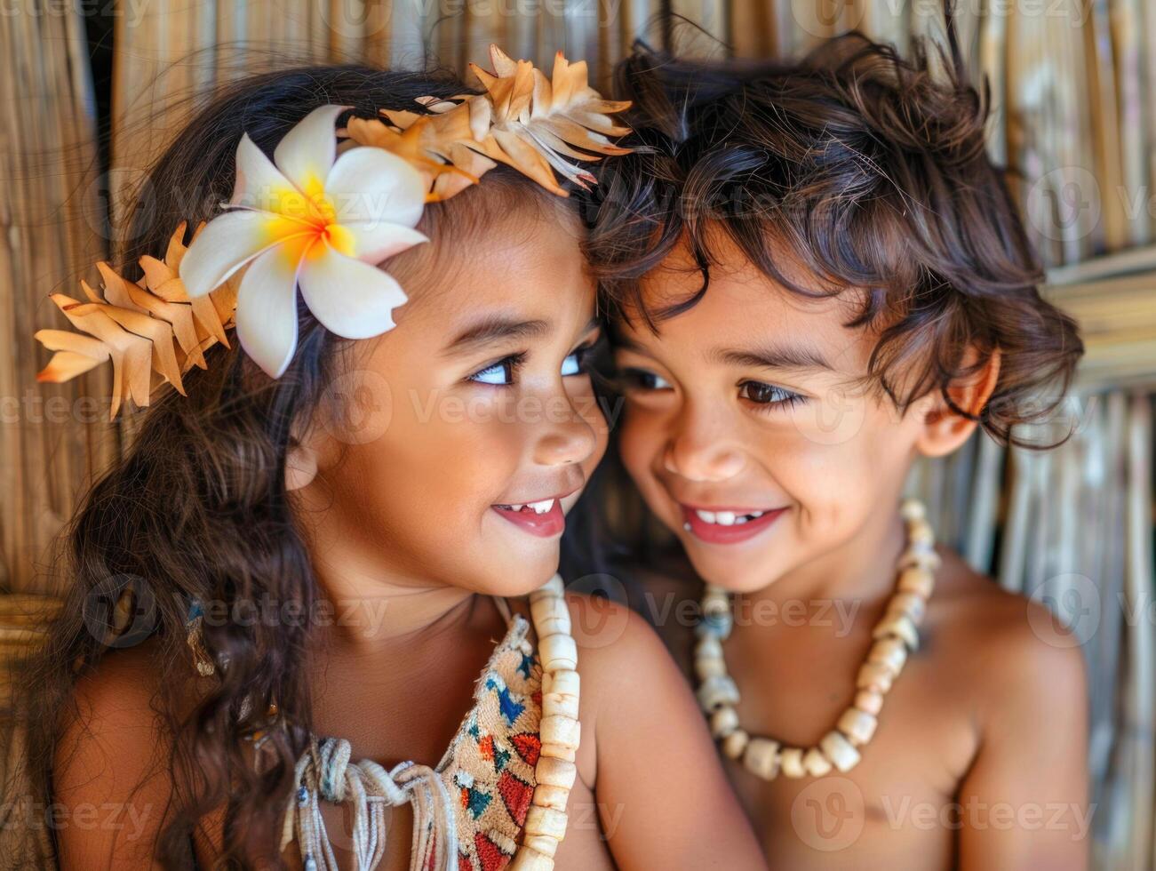 ai generato carino coppia di carino poco isolani bambini indossare perline e Tenere un' fiore. foto