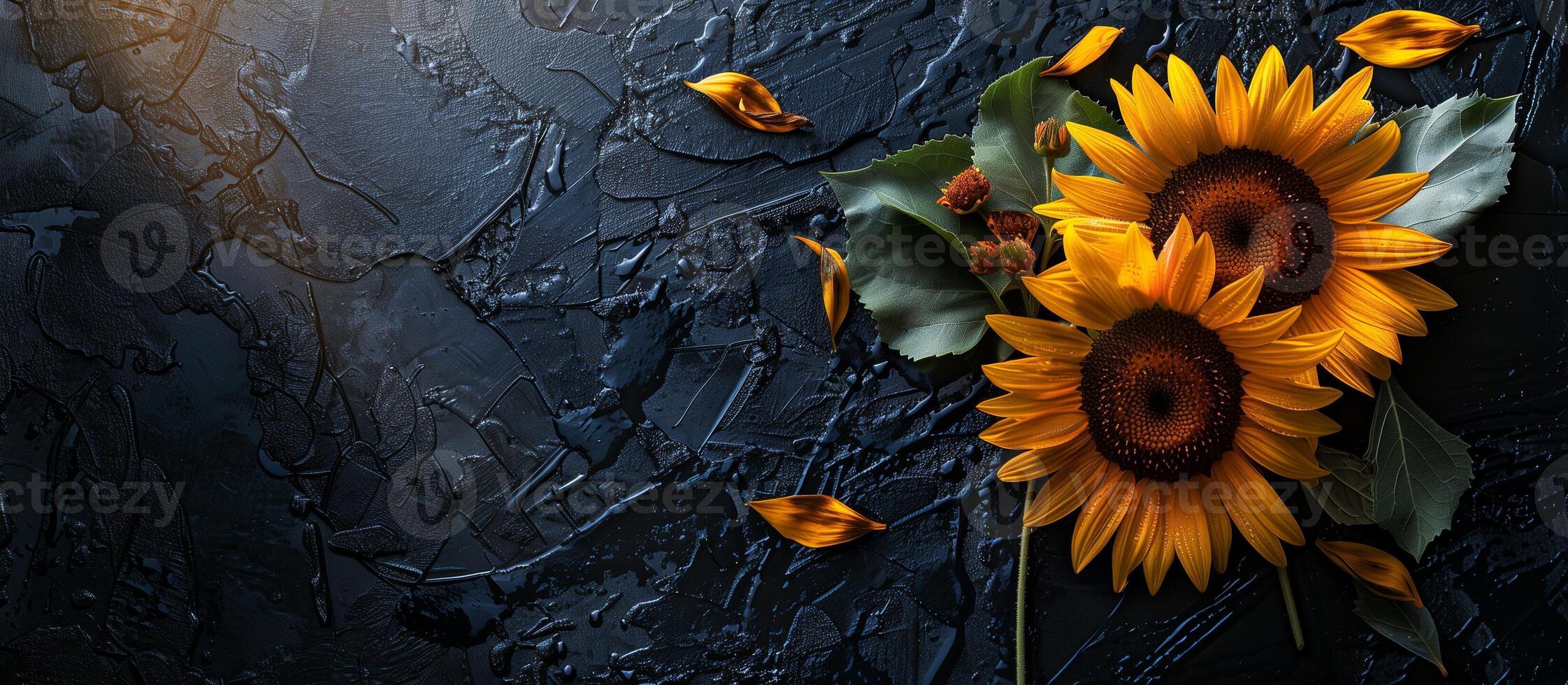 ai generato girasoli a nero parete struttura, primavera estate concetto sfondo foto