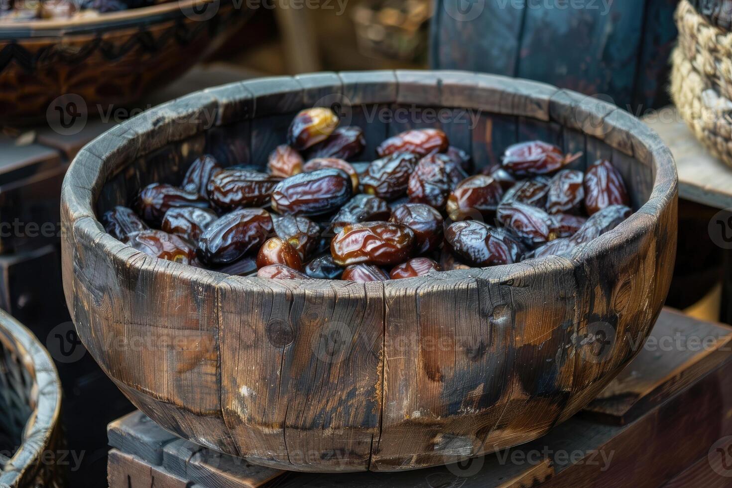 ai generato di legno ciotola pieno con date foto