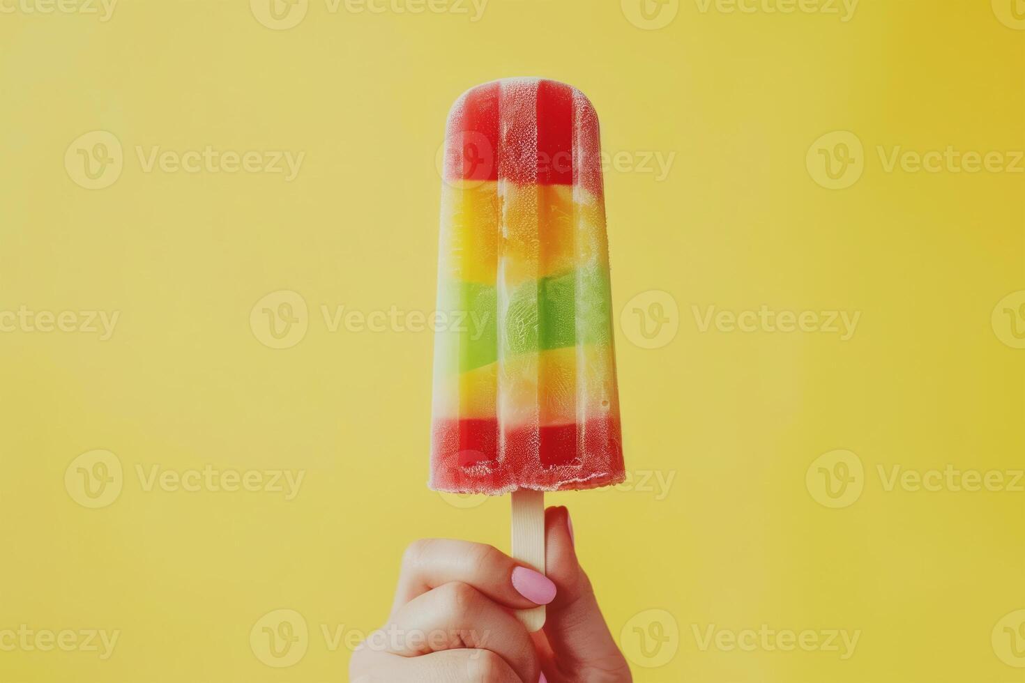 ai generato femmina mano detiene vivace frutta ghiaccio pop contro giallo fondale foto