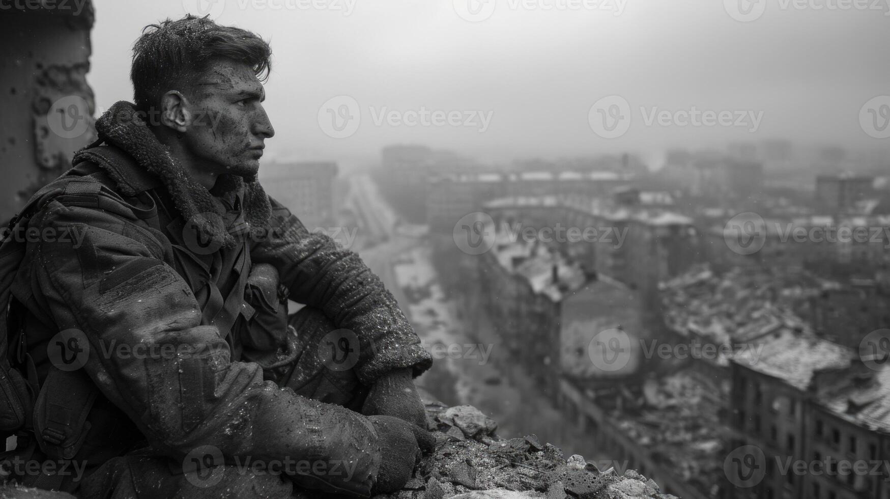 ai generato un emotivo foto di un' soldato a partire dal il secondo grande guerra un' tragico tempo di guerra Esperienza, un' avvincente ritratto riflettendo il profondità di sofferenza e eroismo nel il lotta per libertà.