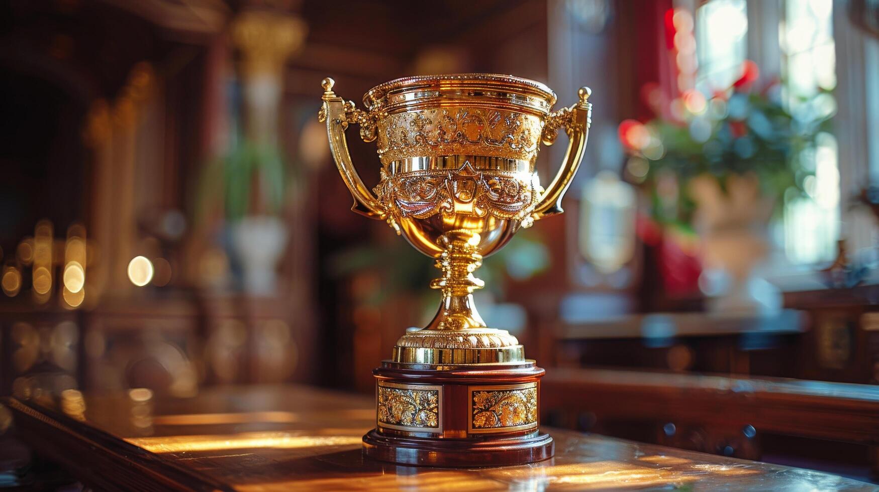 ai generato d'oro trofeo su di legno tavolo foto