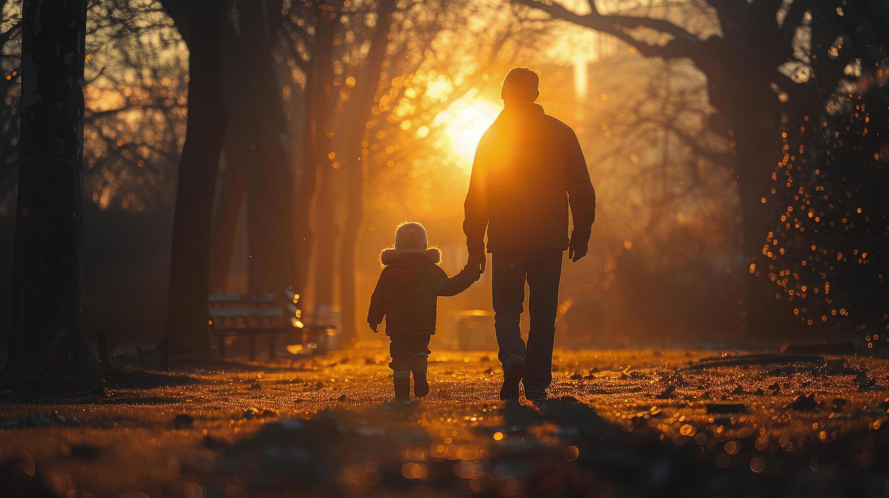 ai generato un' uomo e bambino a piedi nel un' parco a tramonto foto