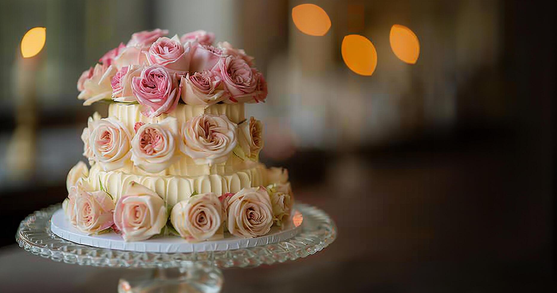 ai generato elegante nozze torta con rosa fiori foto