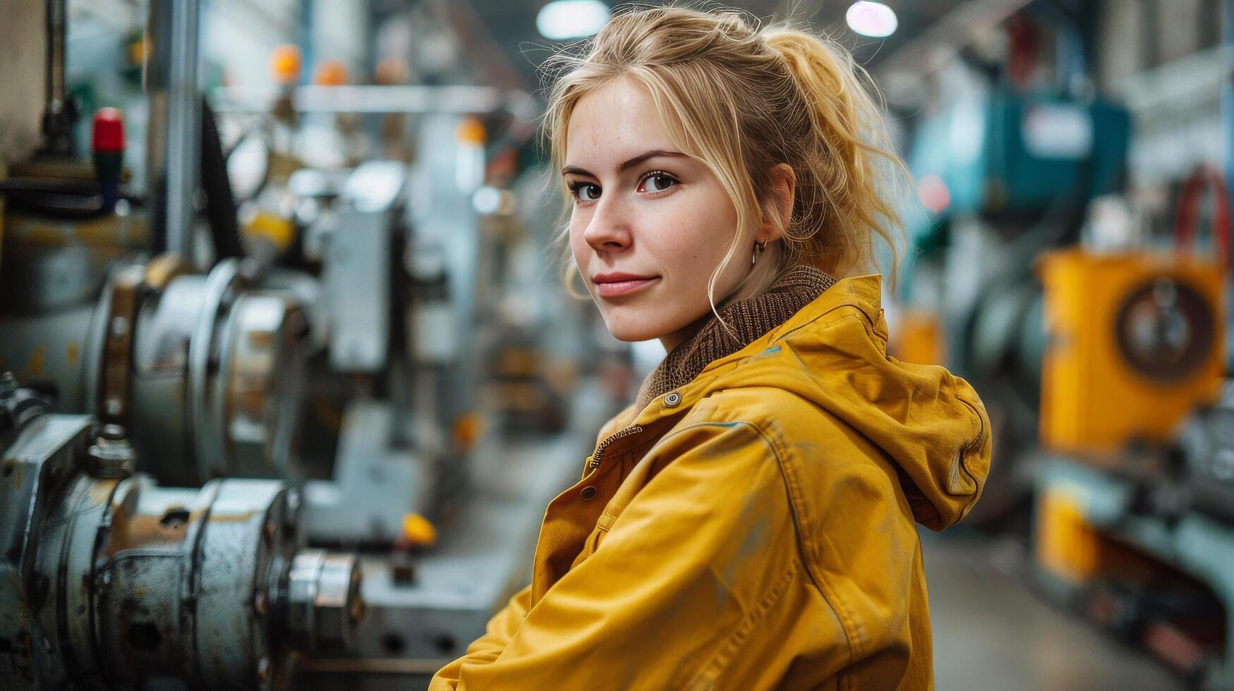 ai generato donna in piedi nel fabbrica osservando macchinari foto