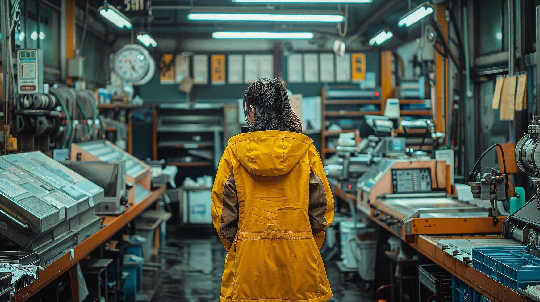 ai generato donna in piedi nel fabbrica osservando macchinari foto