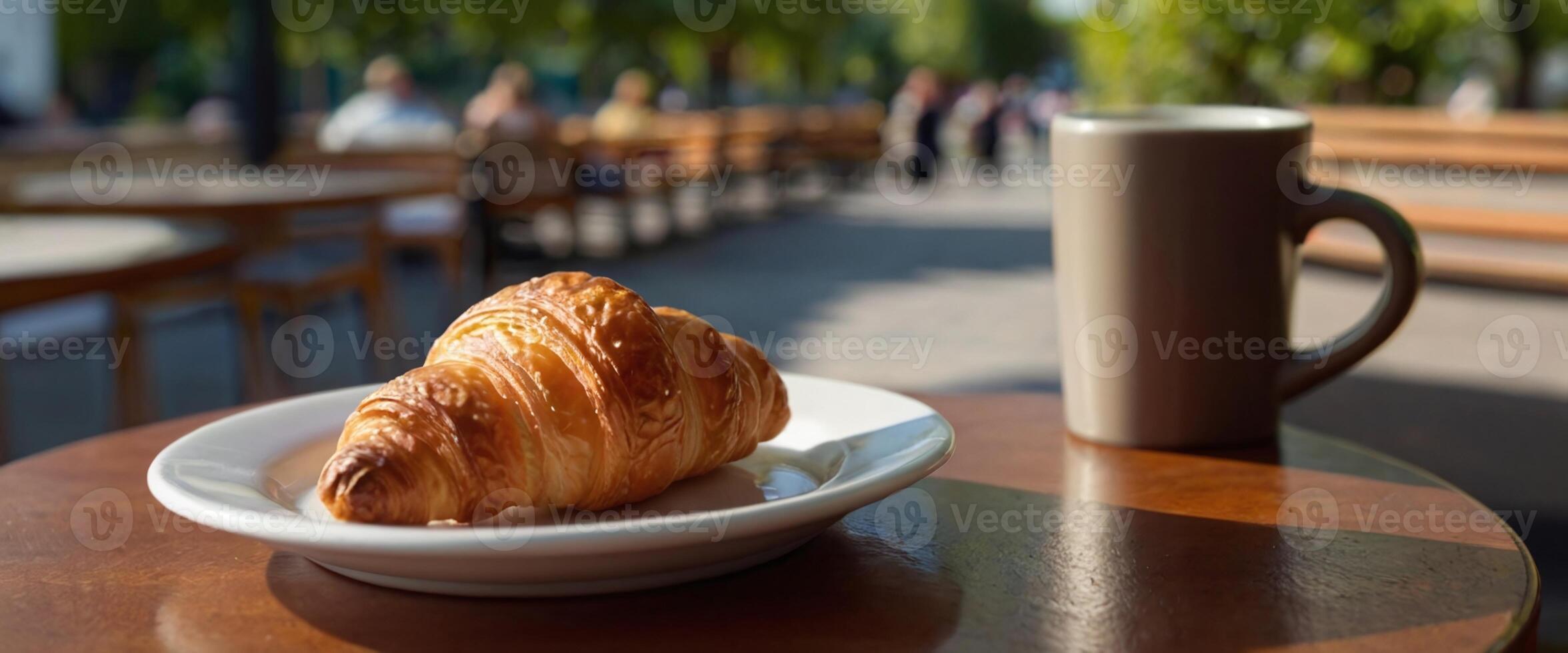 ai generato brioche su il tavolo Il prossimo per un' tazza di caffè nel un all'aperto bar nel il mattina su un' soleggiato giorno foto