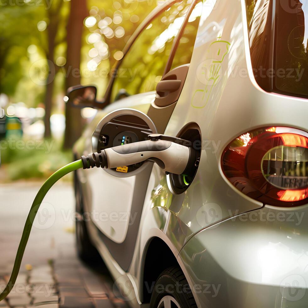 ai generato verde elettrico auto ricarica il batteria foto