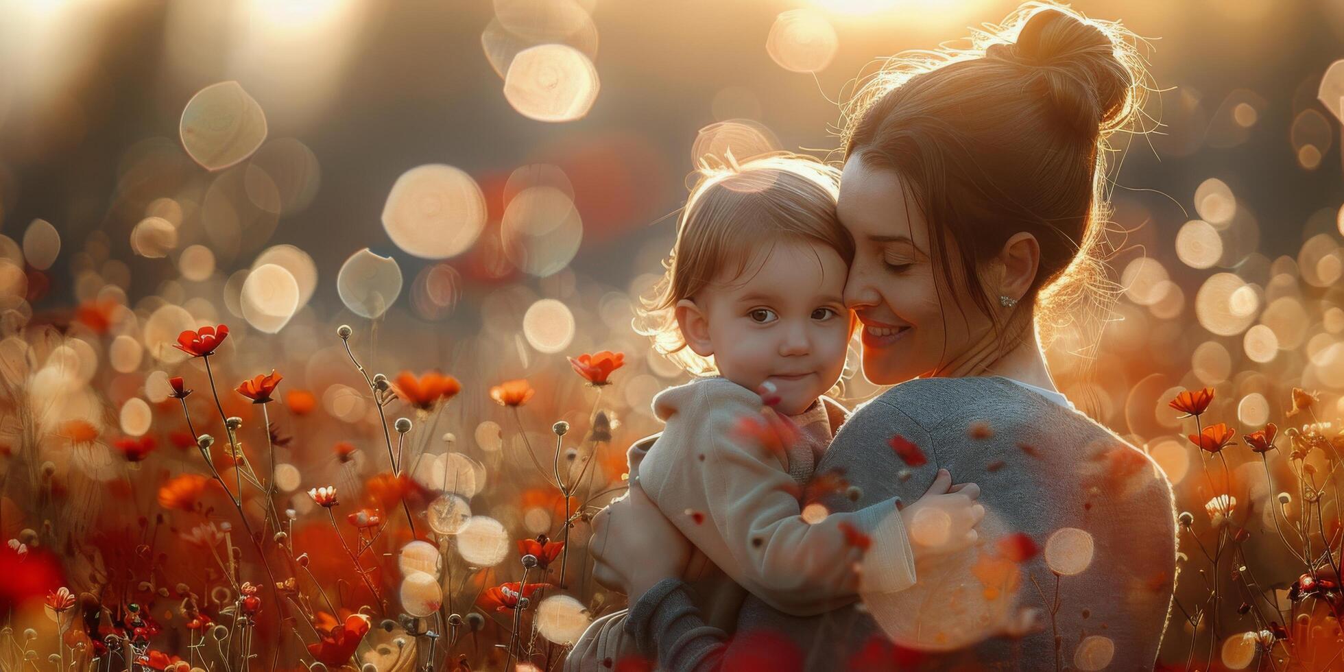 ai generato donna Tenere piccolo bambino nel campo di fiori foto