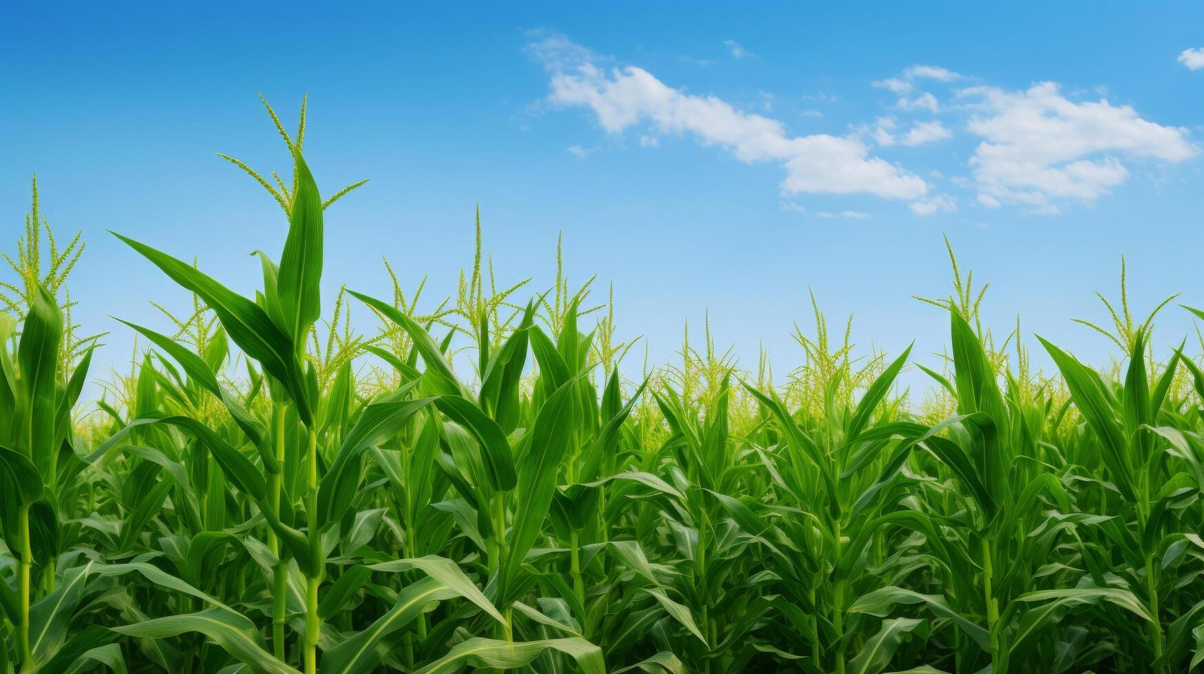 ai generato panoramico Visualizza di bene organizzato gambi di mais raggiungendo per il blu cielo foto