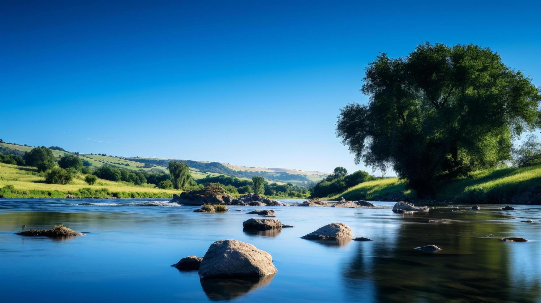 ai generato chiaro blu cielo e sereno fiume nel natura paesaggio foto