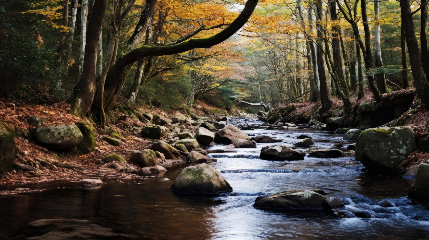 ai generato un' panoramico Visualizza di un' calmante ruscello e vivace le foglie nel autunno foto