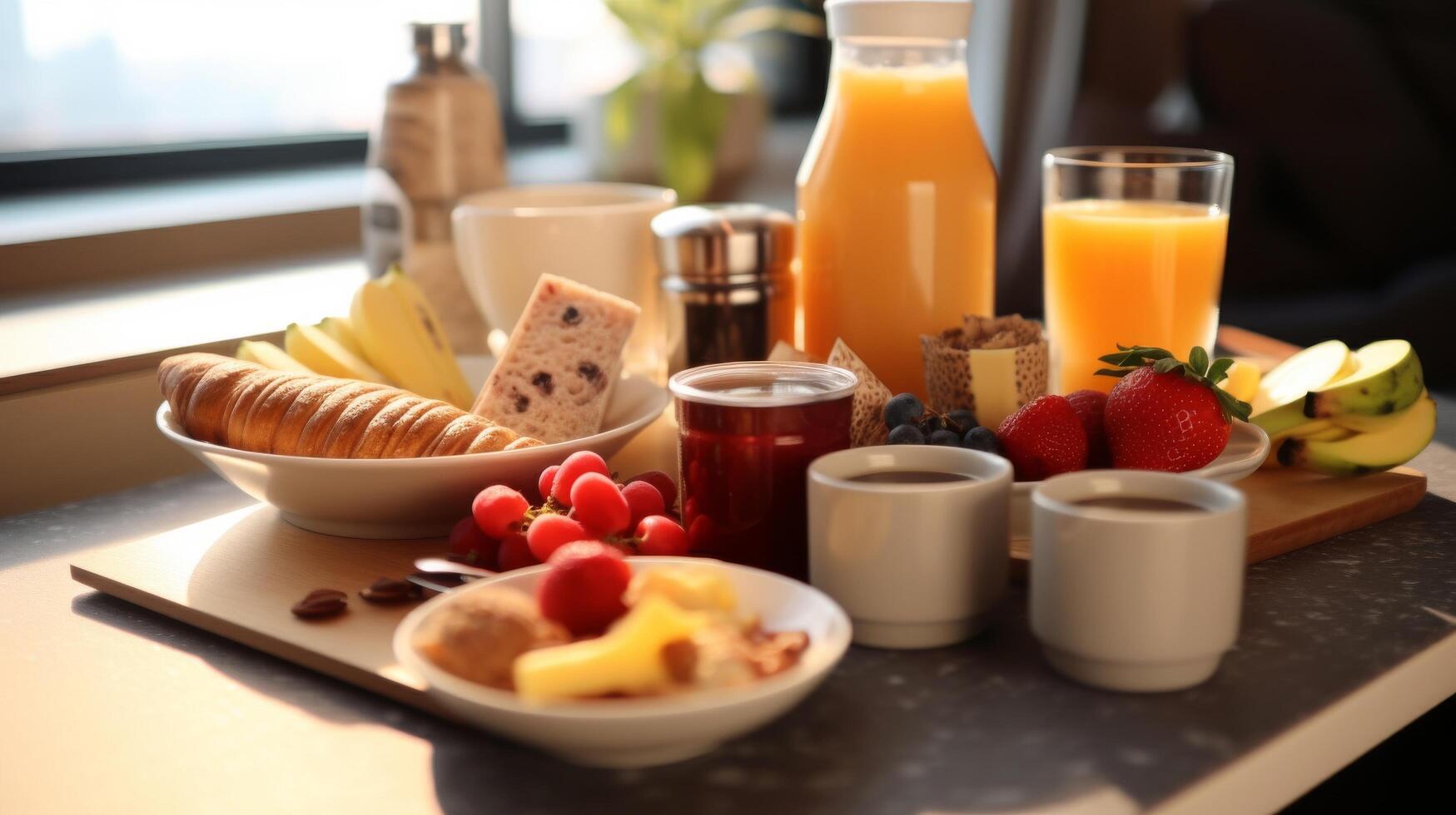 ai generato continentale prima colazione diffusione nel Hotel camera foto