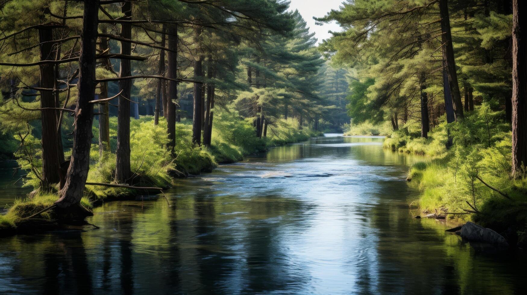 ai generato tranquillo fiume nel denso pino foresta con luce del sole foto