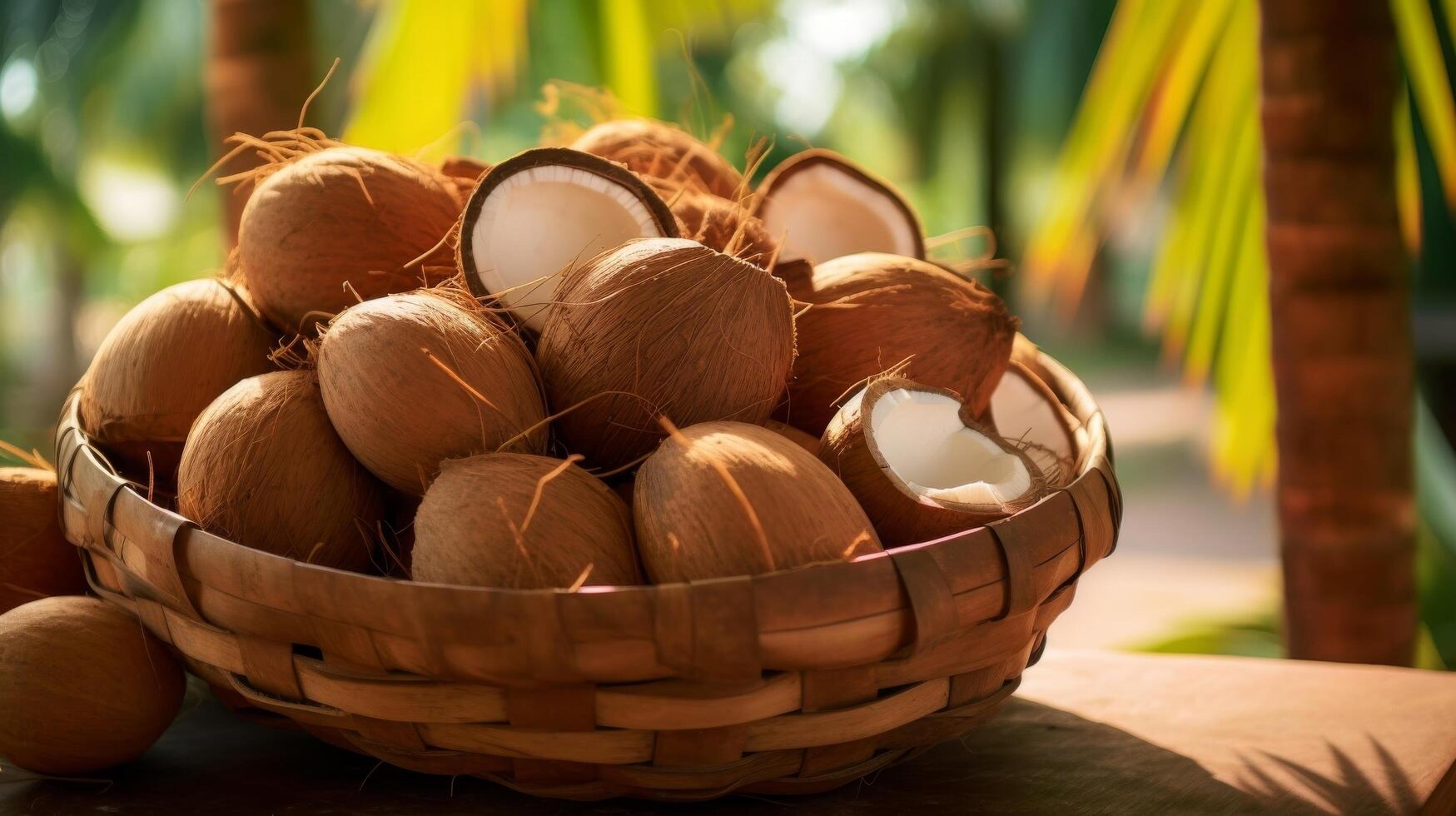 ai generato cestino traboccante con saporito, esotico noci di cocco foto