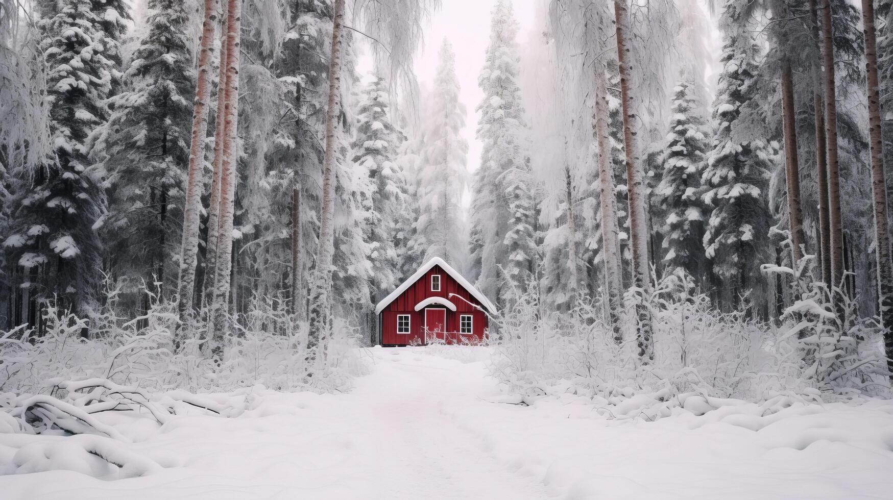 ai generato scoprire il sereno foresta con polveroso neve e un' invitante cabina foto