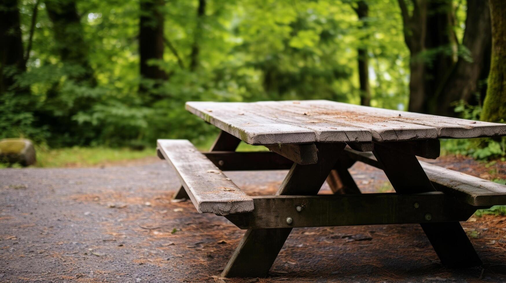 ai generato Esposto alle intemperie di legno picnic tavolo con rustico fascino foto