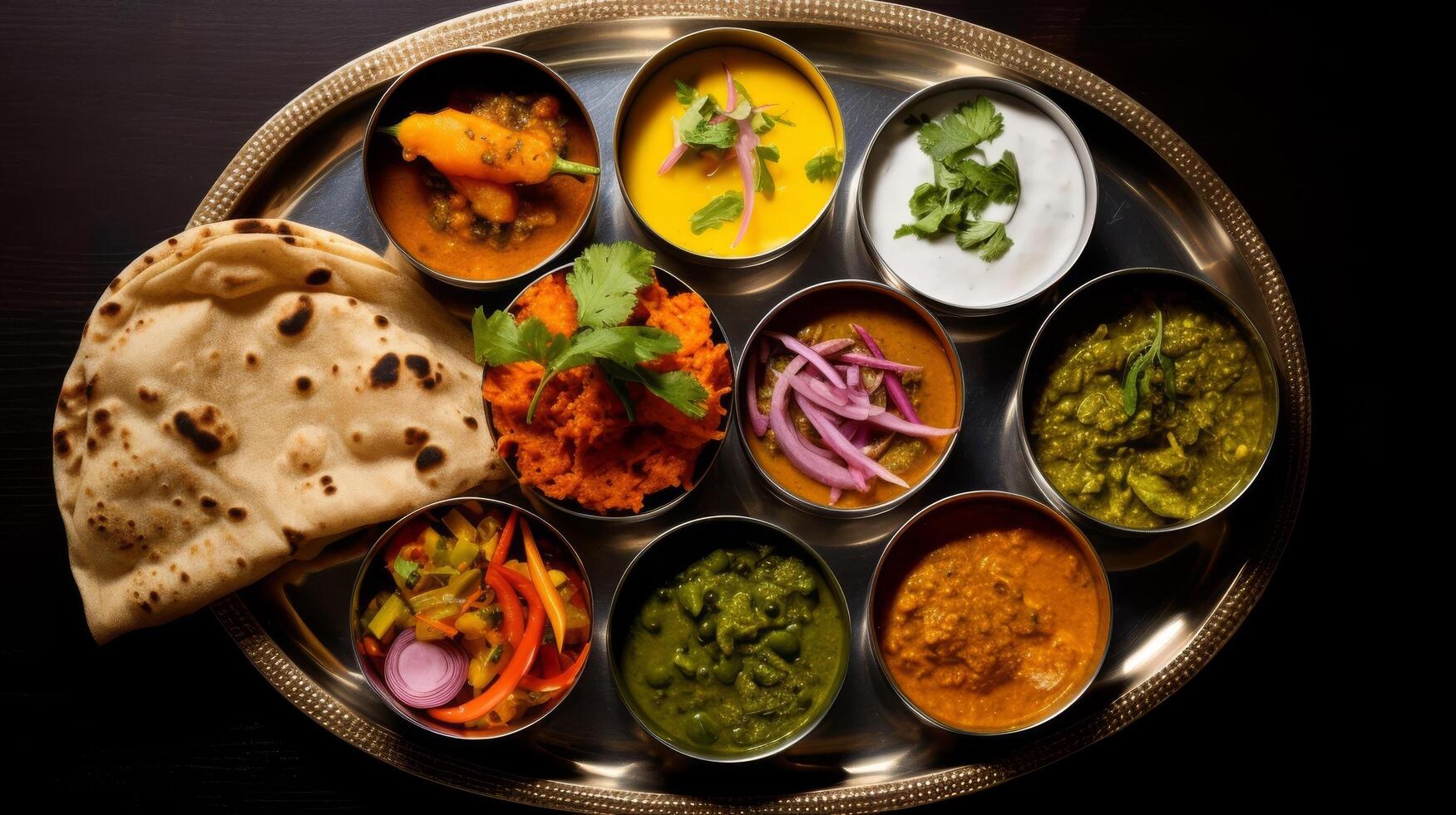 ai generato un' decorativo thali con un' colorato assortimento di curry, sottaceti, e roti nel un alto Visualizza foto
