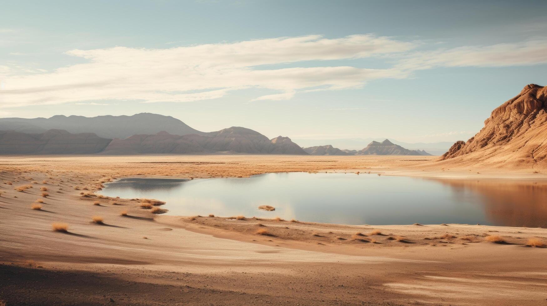 ai generato sterile deserto paesaggio e surreale lago nel natura scena foto