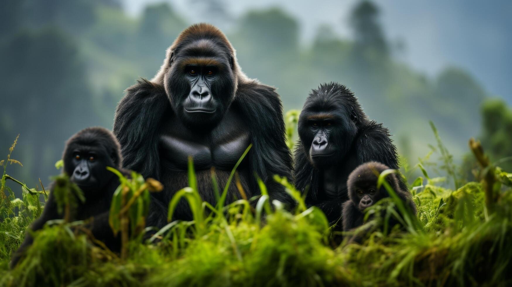 ai generato vicino su di montagna gorilla famiglia con nebbioso montagne sfondo foto
