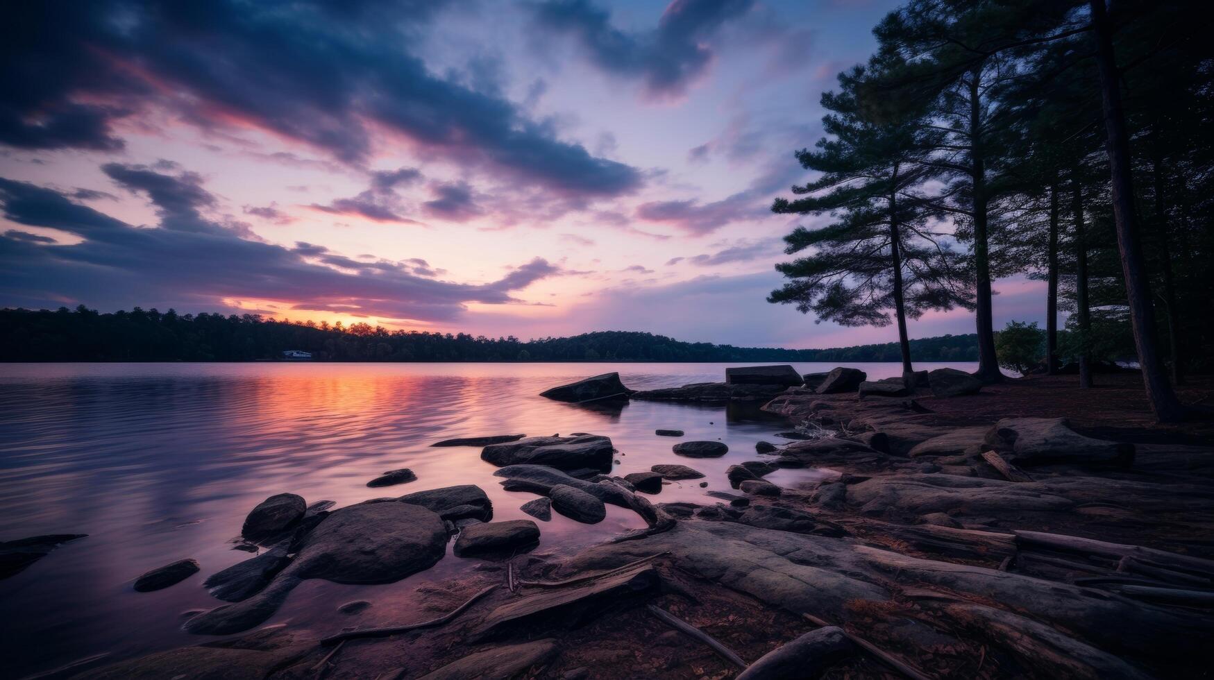 ai generato tranquillo, calmo lunatico lago e tramonto nel naturale ambiente foto