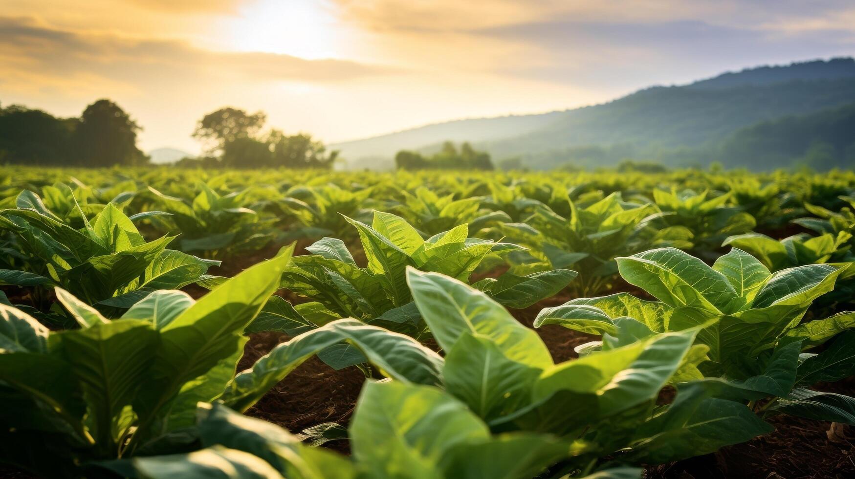 ai generato maturo tabacco impianti nel un' illuminata dal sole campo foto