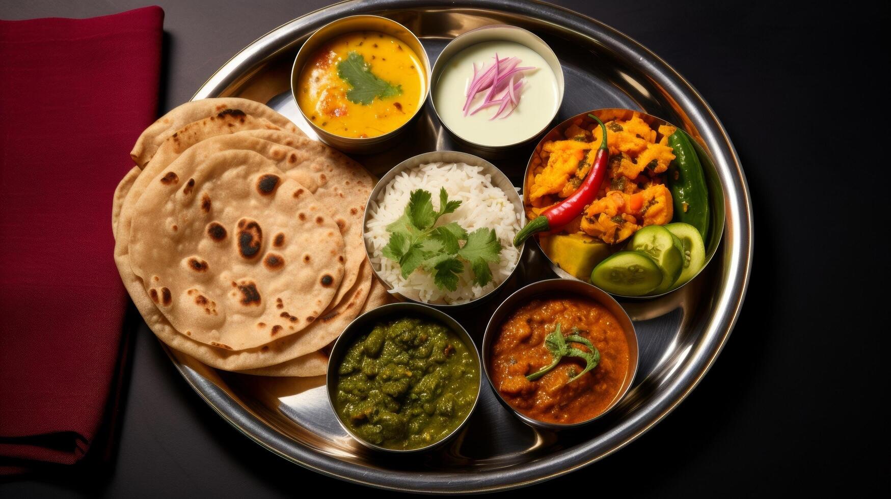 ai generato un alto Visualizza di un' colorato thali con diverso tipi di curry, sottaceti, e roti foto