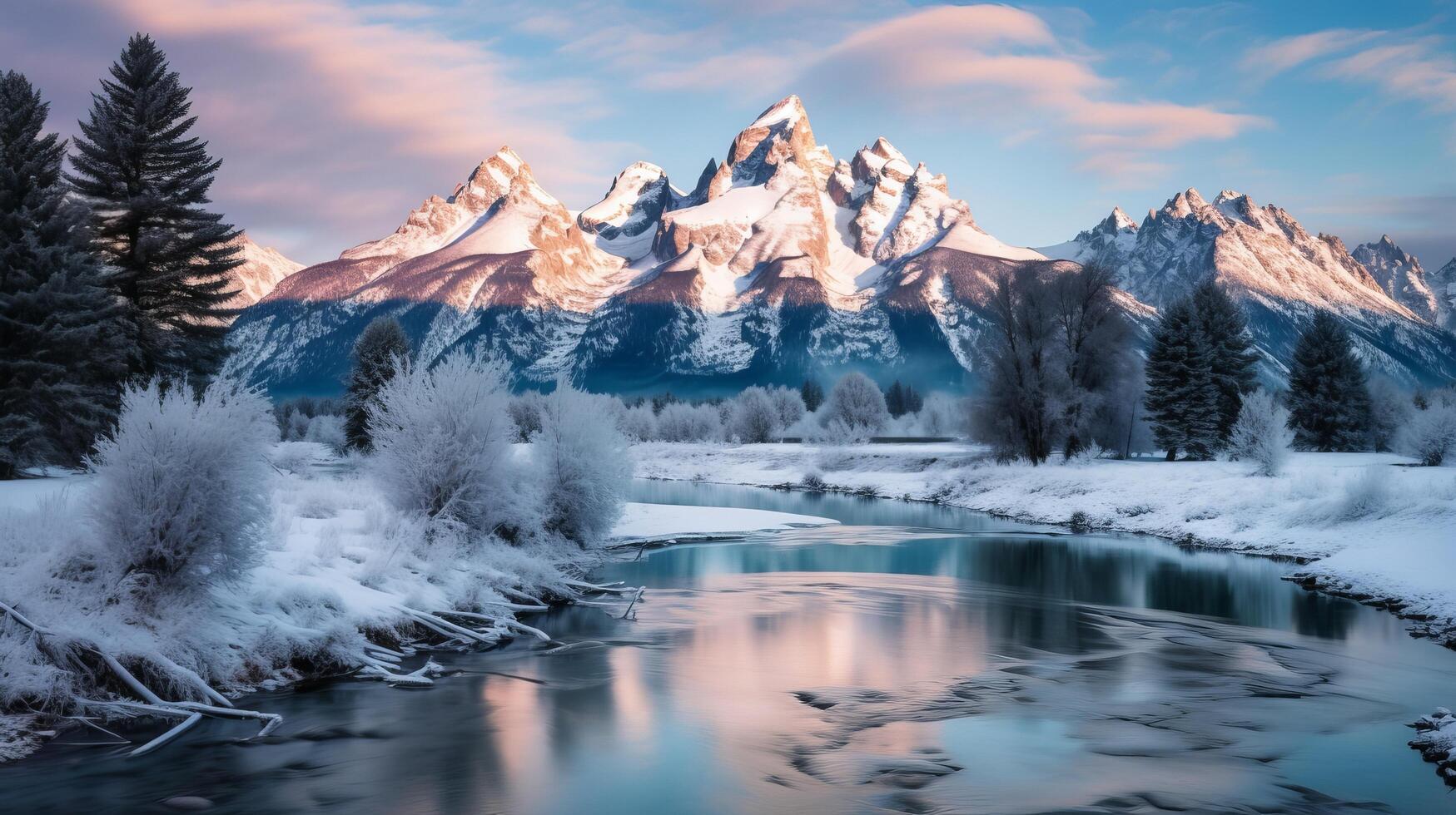 ai generato un' pittoresco fiume incorniciato di neve coperto picchi un' mozzafiato e panoramico scena foto