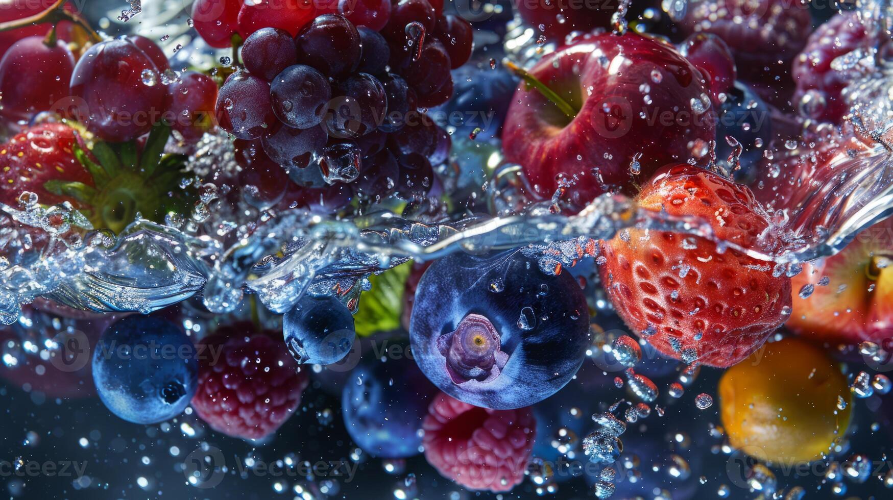 ai generato frutta e frutti di bosco caduta in acqua con spruzzata. salutare cibo concetto foto
