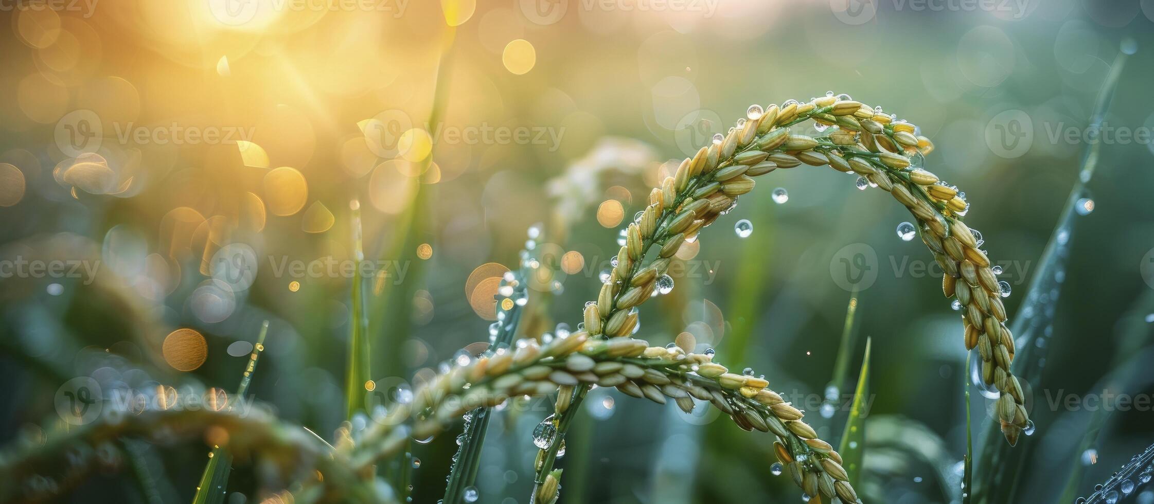 ai generato biologico riso agricoltura, selettivo messa a fuoco su orecchio di riso nel lussureggiante verde risaia campo, riflettendo il bellezza di pianta coltivazione nel Asia. foto