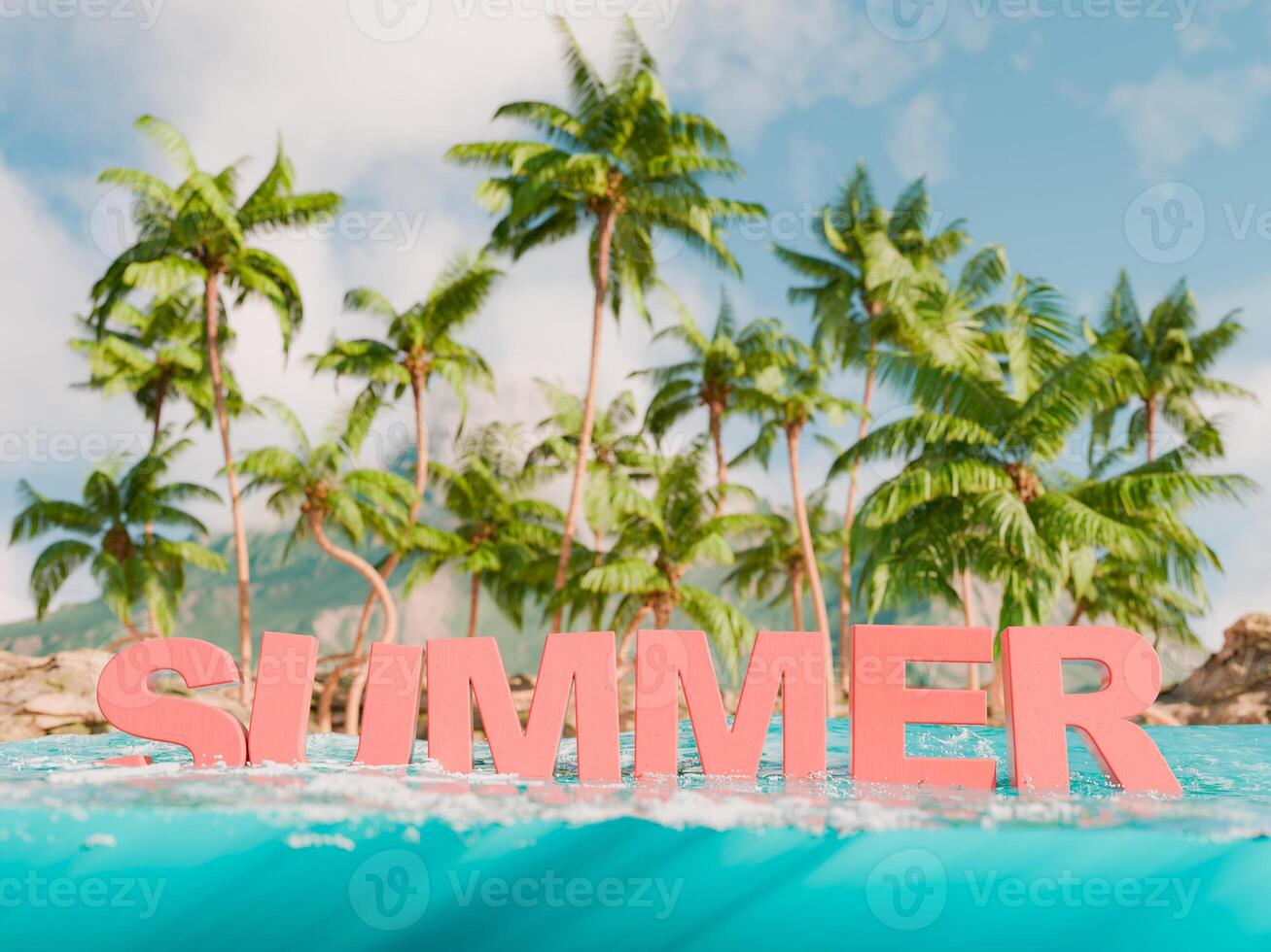 estate testo galleggiante su tropicale acqua con palma alberi sfondo foto