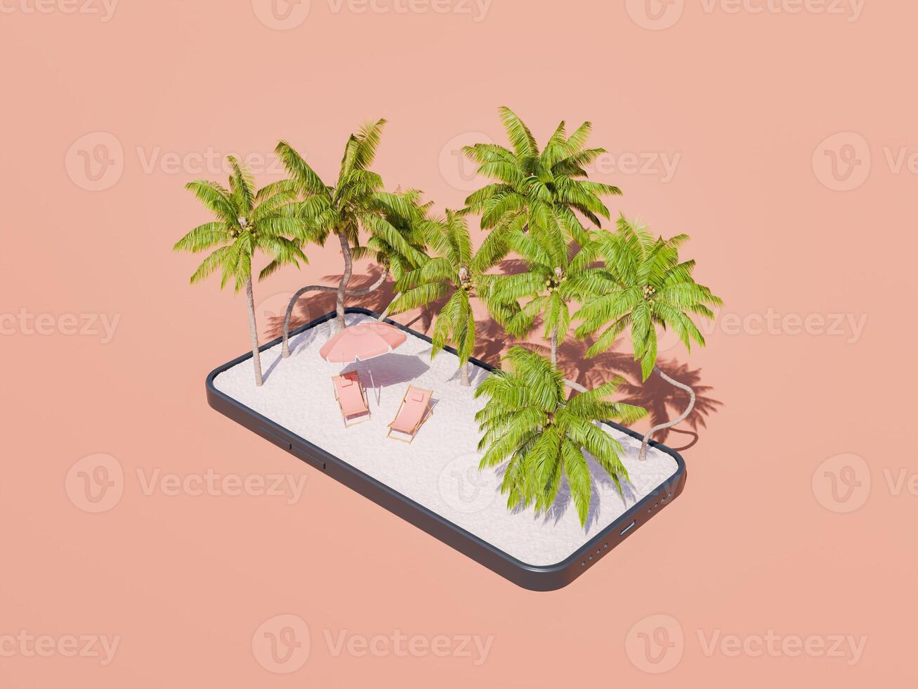 tropicale spiaggia scena emergente a partire dal smartphone su corallo sfondo foto