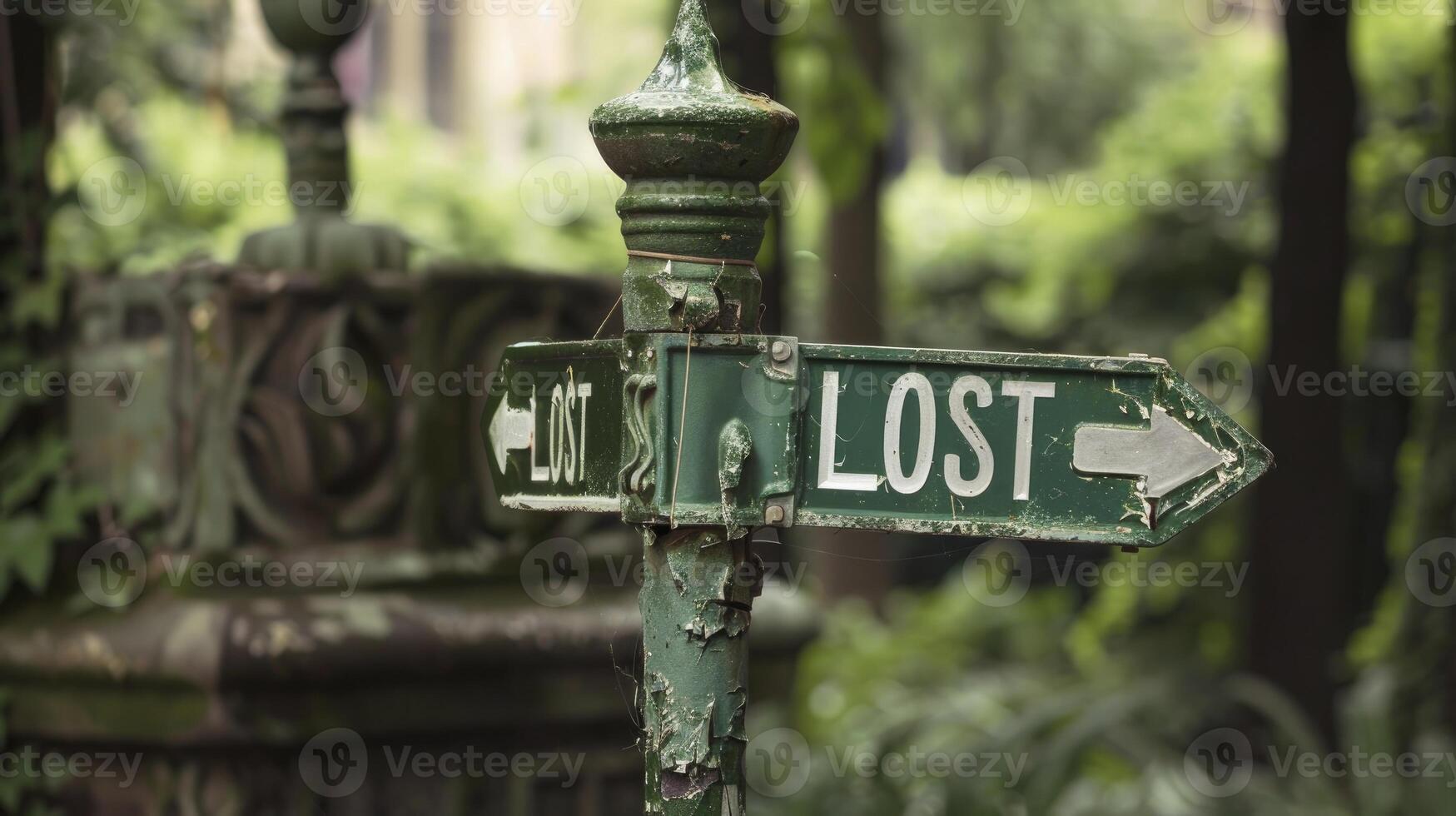 ai generato direzionale confusione, verde strada segni con di fronte frecce, cuscinetto il parola perso foto