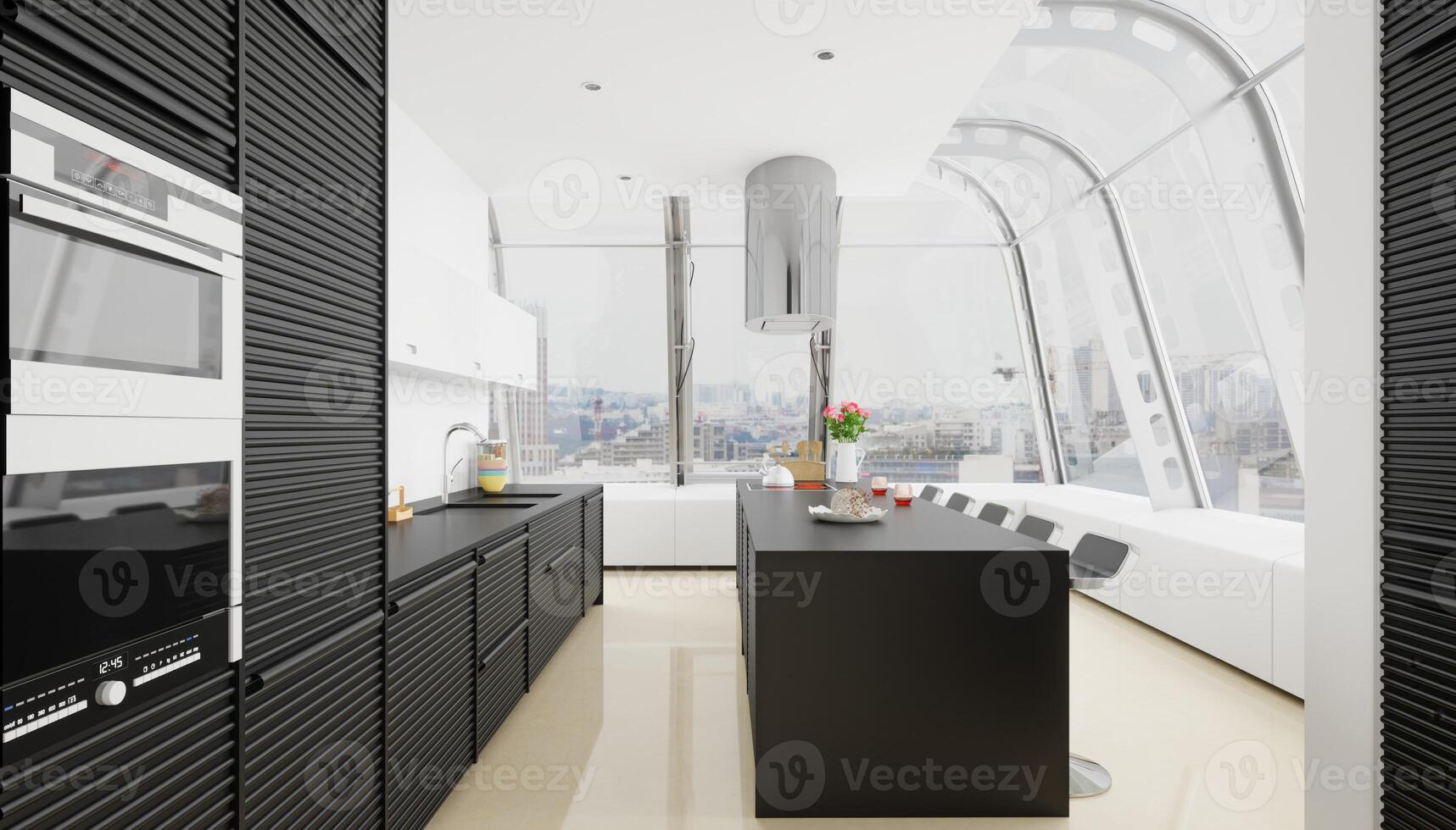 interno di moderno cucina con nero e bianca arredamento. foto