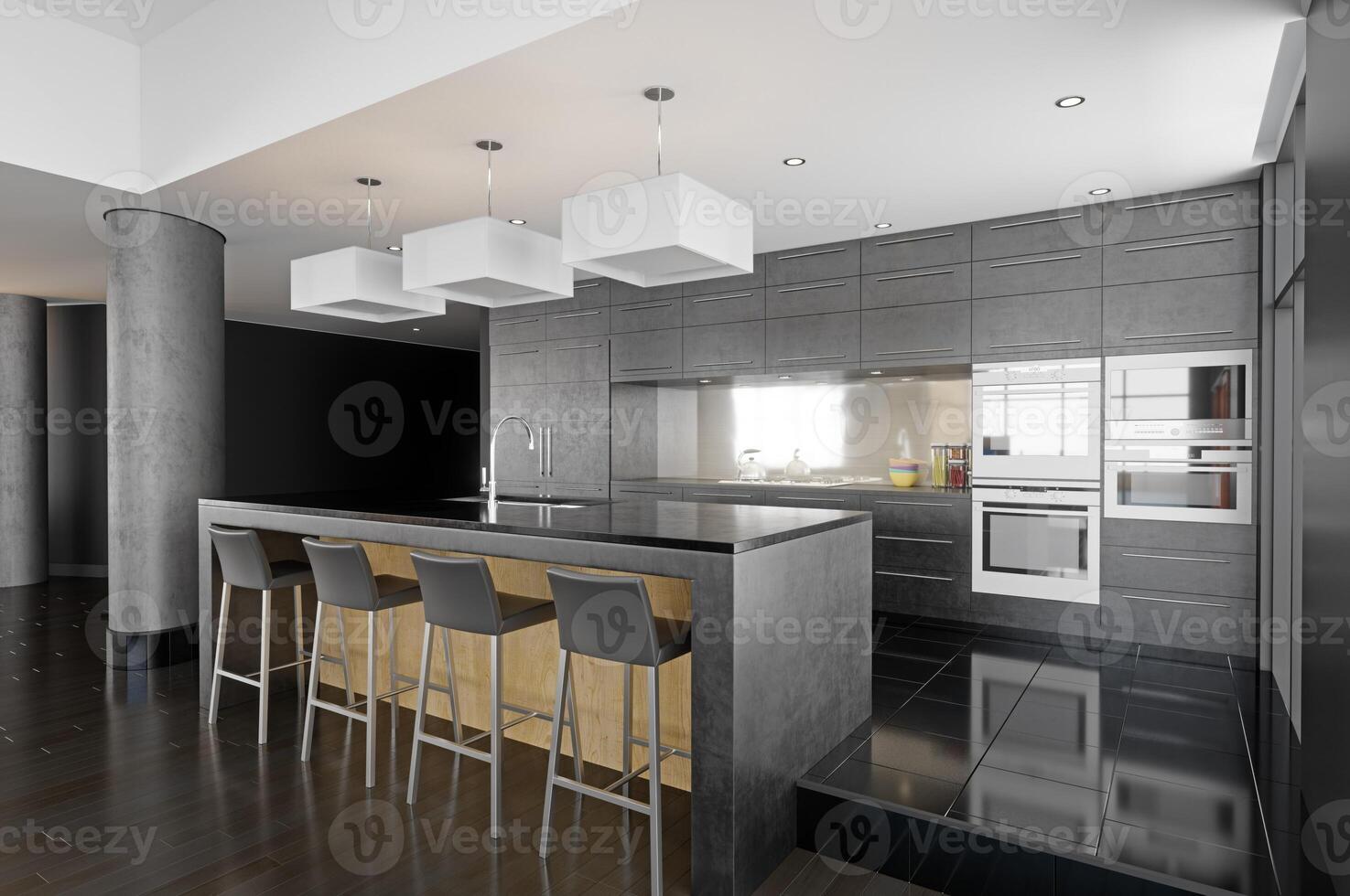 nero e bianca moderno cucina nel un' nuovo lusso Casa foto