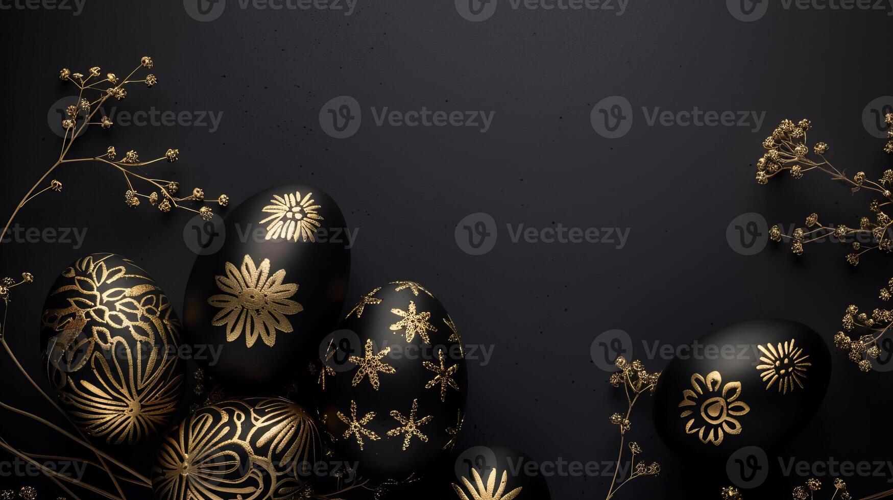 ai generato Pasqua nero con oro ornamento uova su un' nero sfondo. Pasqua minimalista concetto. copia spazio. foto