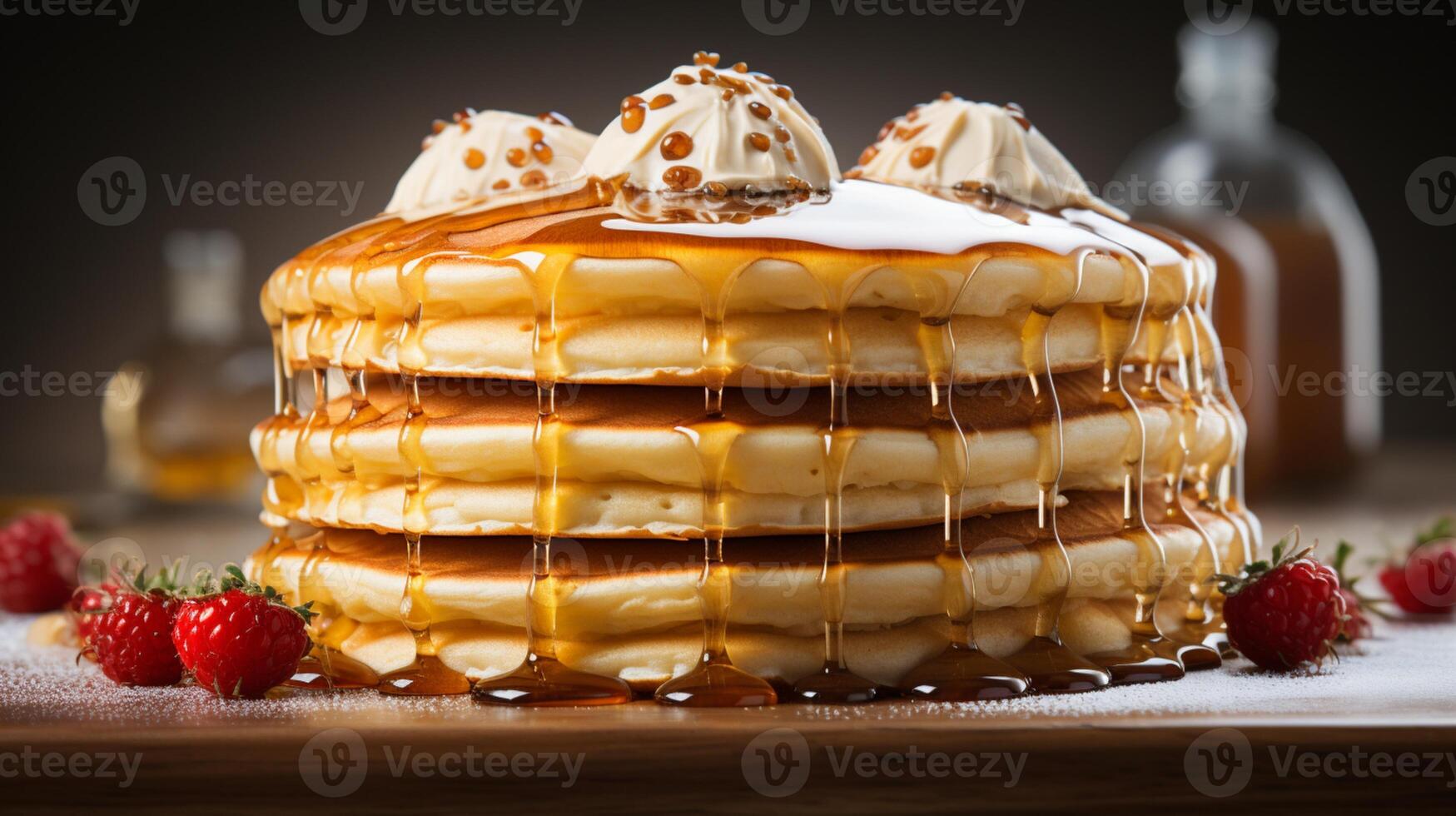 ai generato pancake e miele sciroppo per semplice prima colazione foto