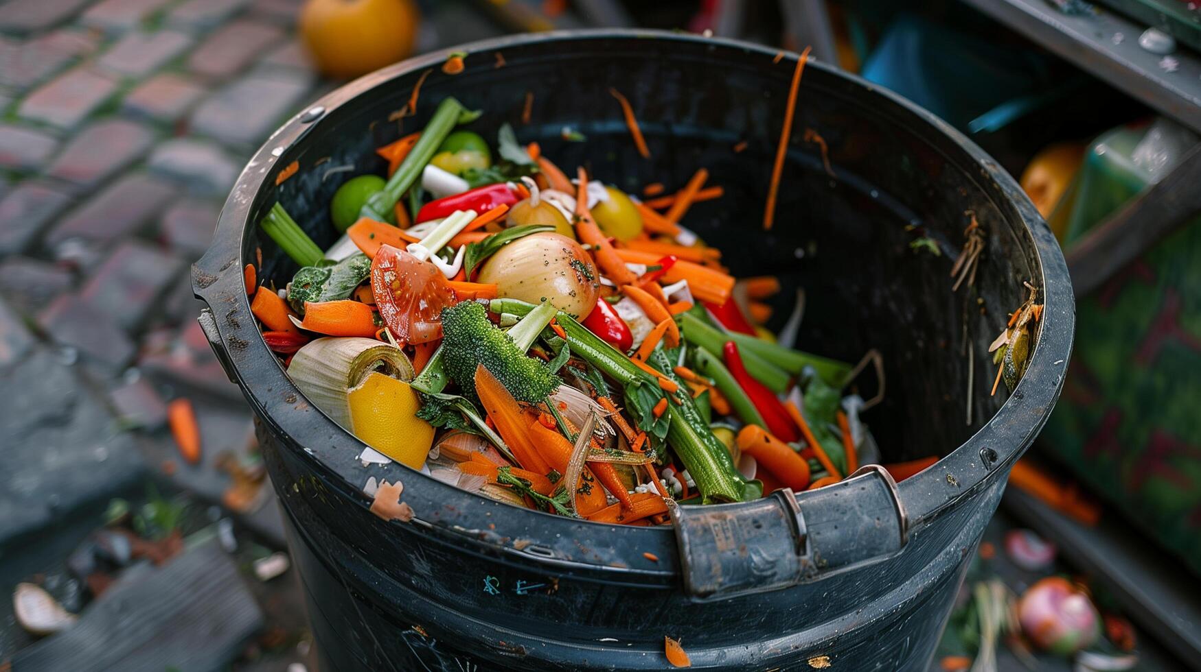 ai generato mescolare verdura rifiuto nel spazzatura bidone. un' cibo sciupare. foto