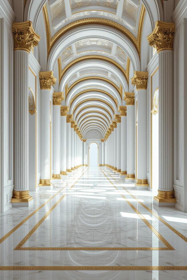ai generato un' digitalmente reso Immagine raffigurante un' corridoio con bianca pilastri ornato nel oro, la creazione di un elegante sfondo. foto
