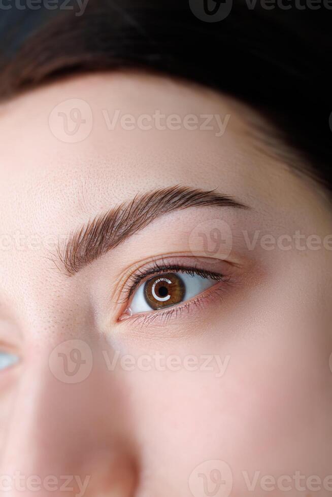 macrofotografia di il completato opera fra il permanente trucco ciglia. permanente occhio trucco e pmu ciglia foto