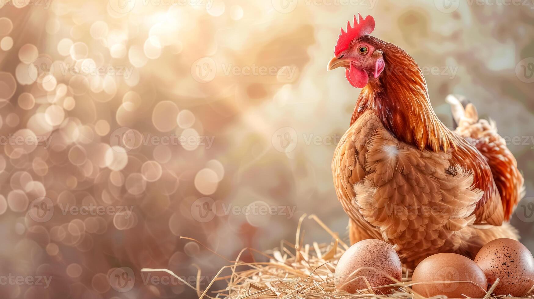 ai generato maestoso gallina con fresco uova su fieno foto