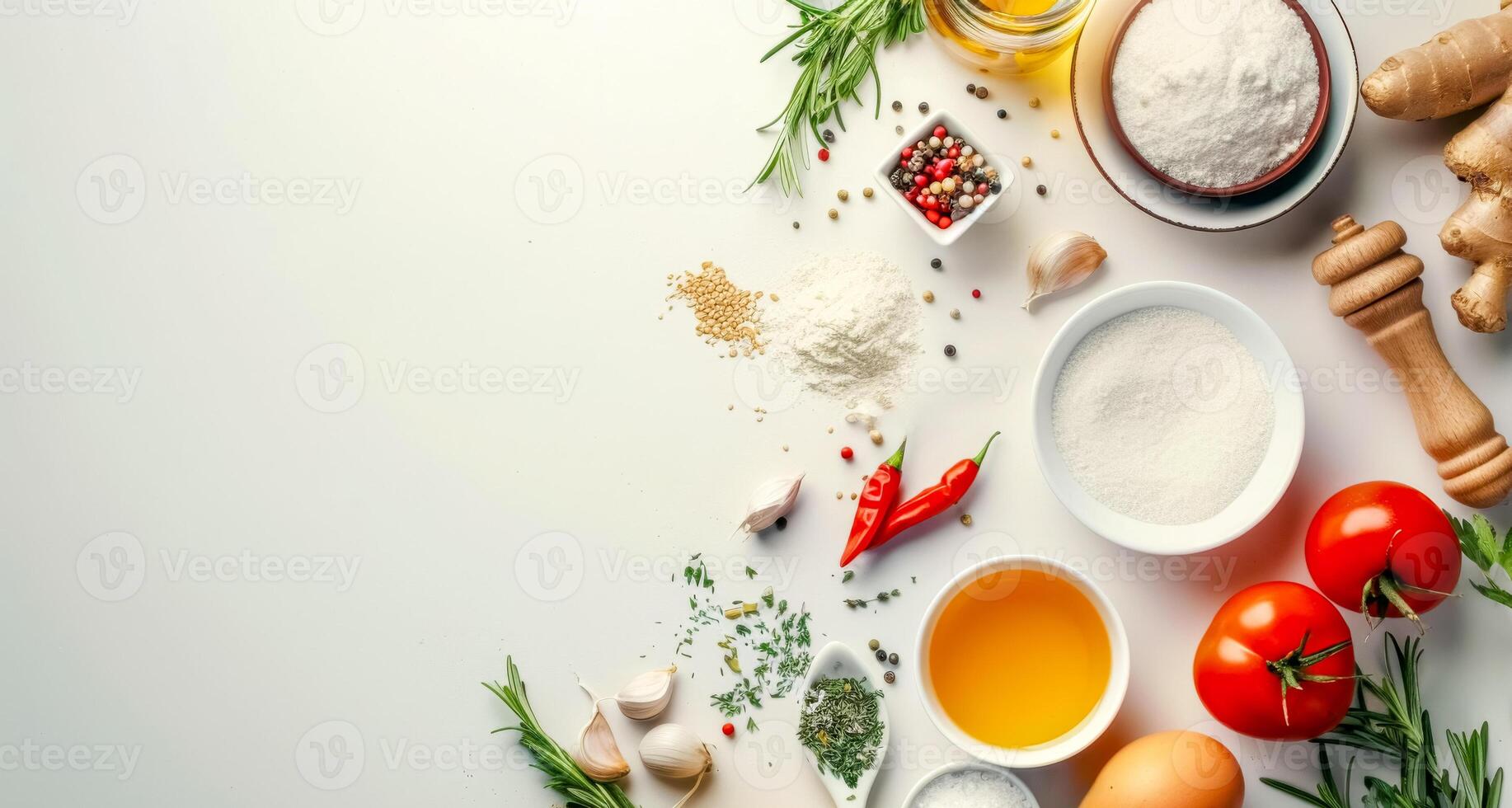 ai generato fresco ingredienti per cucinando su bianca sfondo foto