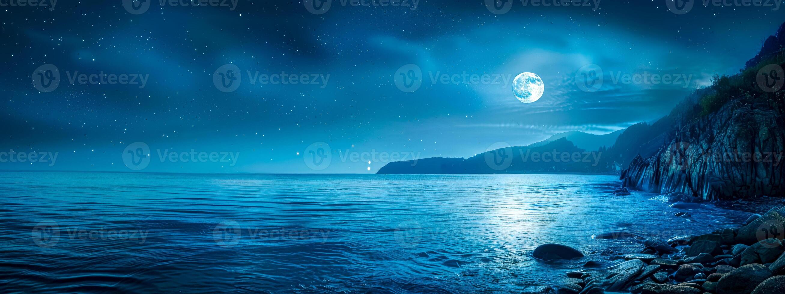 ai generato maestoso illuminato dalla luna paesaggio marino con stellato cielo foto