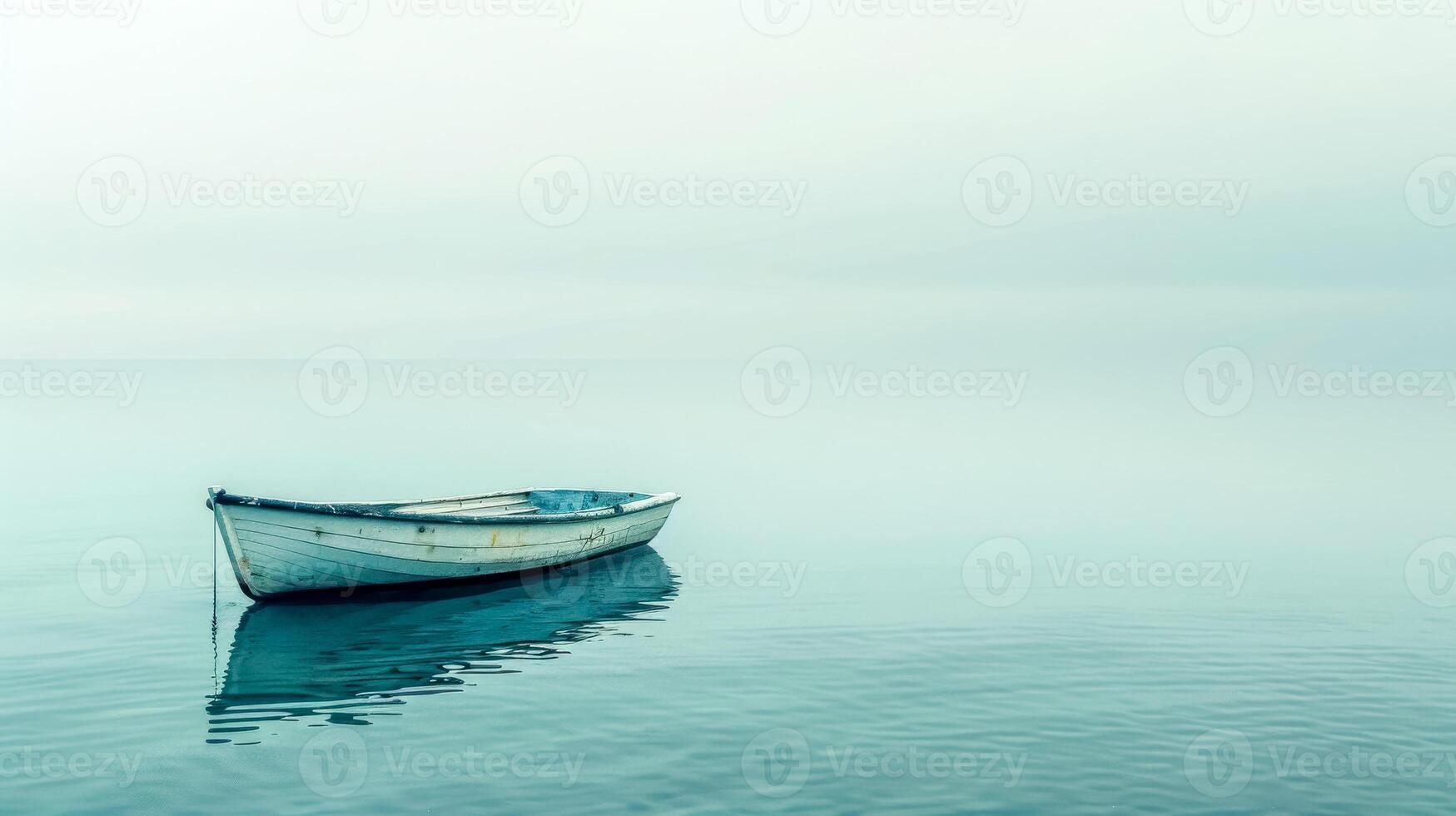 ai generato sereno lago con solitario barca foto