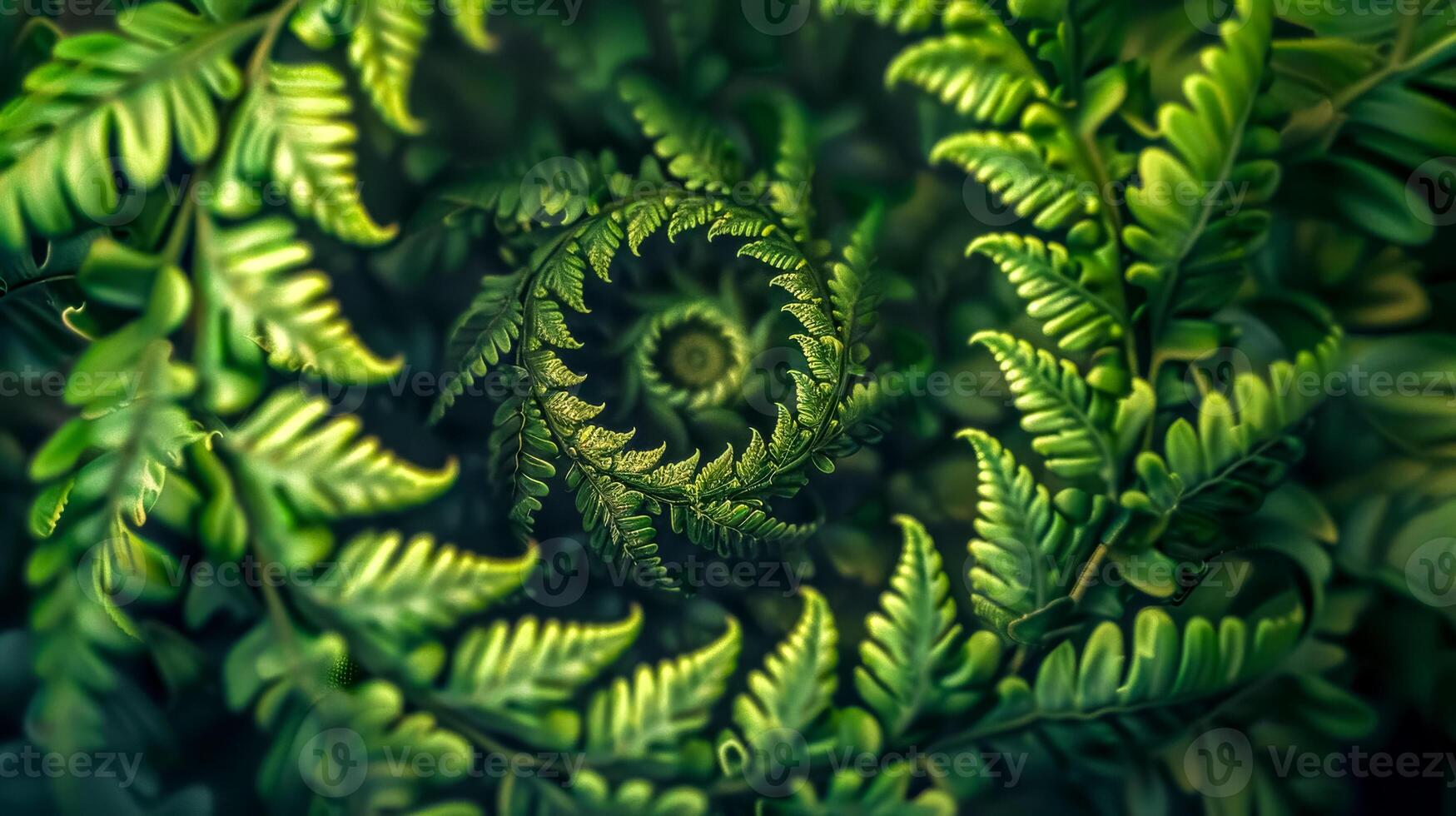 ai generato ipnotizzante spirale modello formato di lussureggiante verde felce le foglie foto