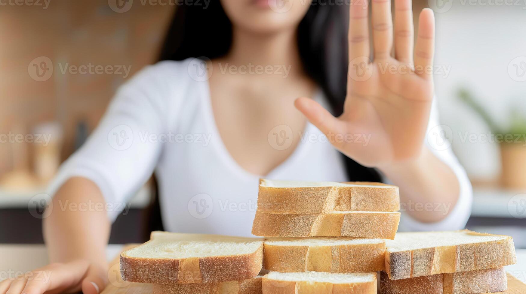 ai generato donna mano spingere su gesto, glutine allergie, intollerante di mangiare bianca pane, generativo ai foto