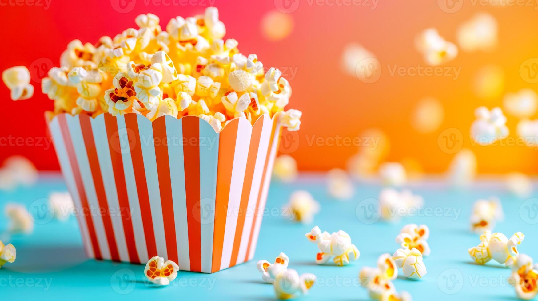 ai generato vivace a strisce Popcorn scatola con noccioli popping su colorato fondale foto