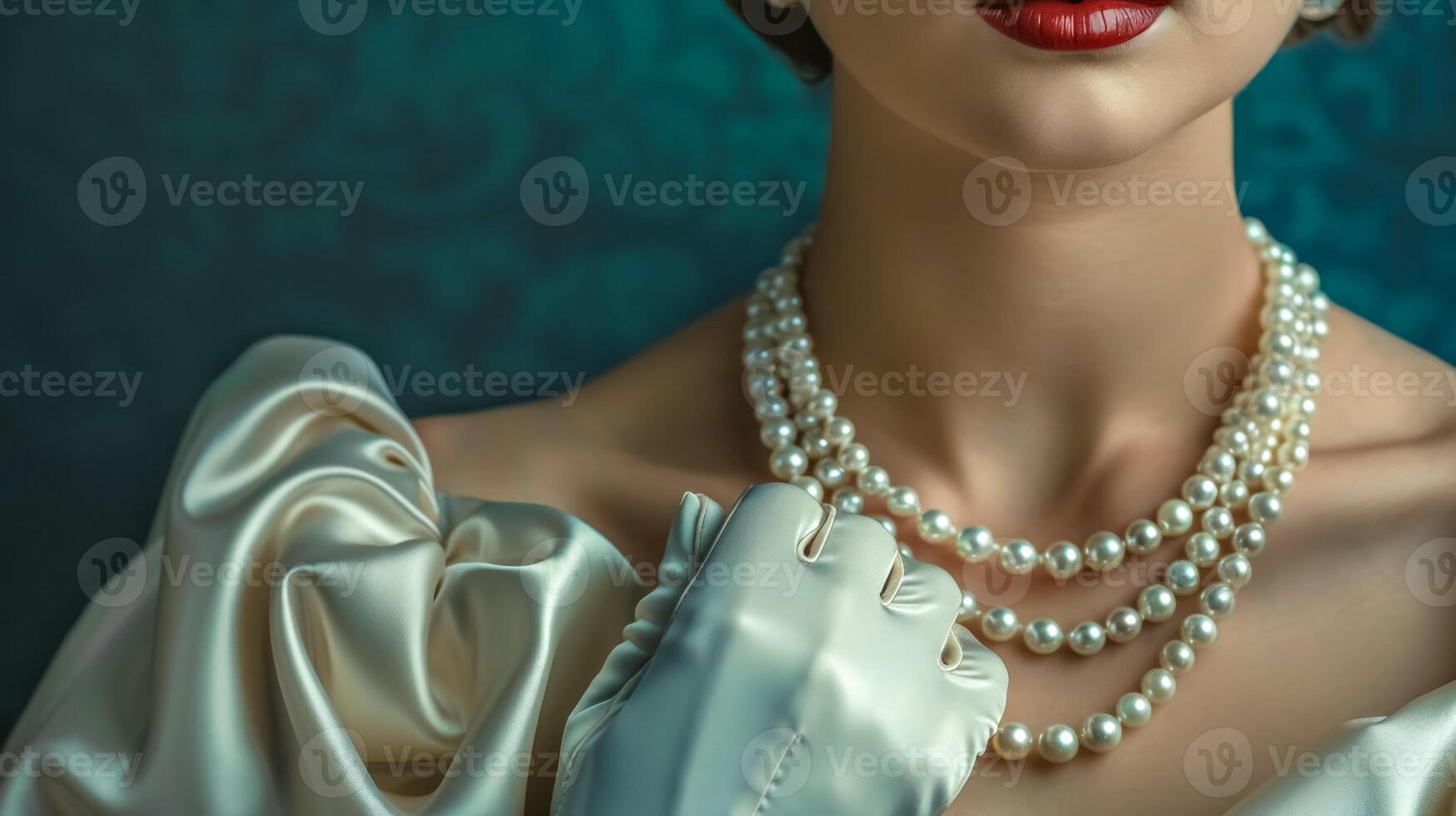 ai generato elegante donna con perla collana e guanti foto